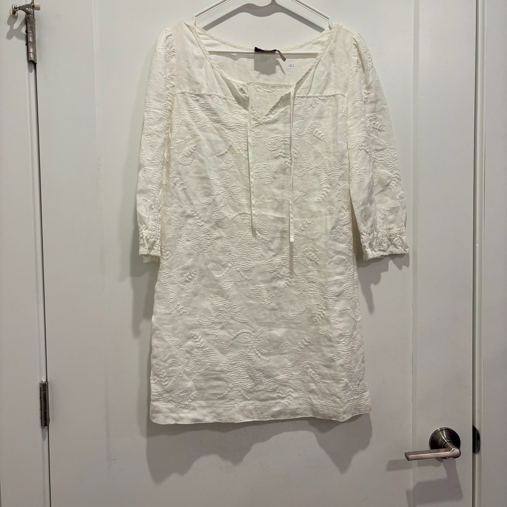 Vintage‎ Juicy Couture White 100% Linen Embroidered Mini Dress 3/4 Sleeve Size 6